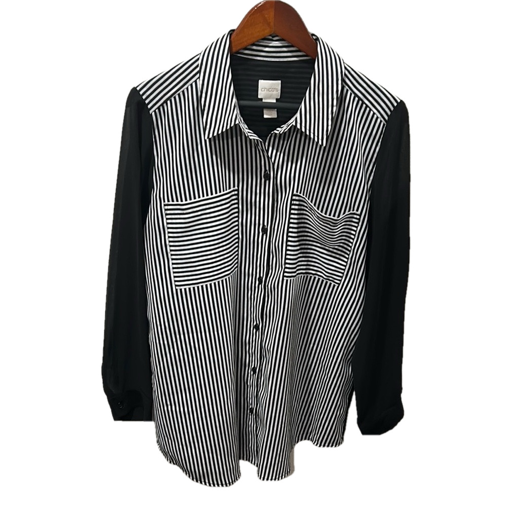 Chico's Black &White Striped blouse long sleeve size 2 GUC..